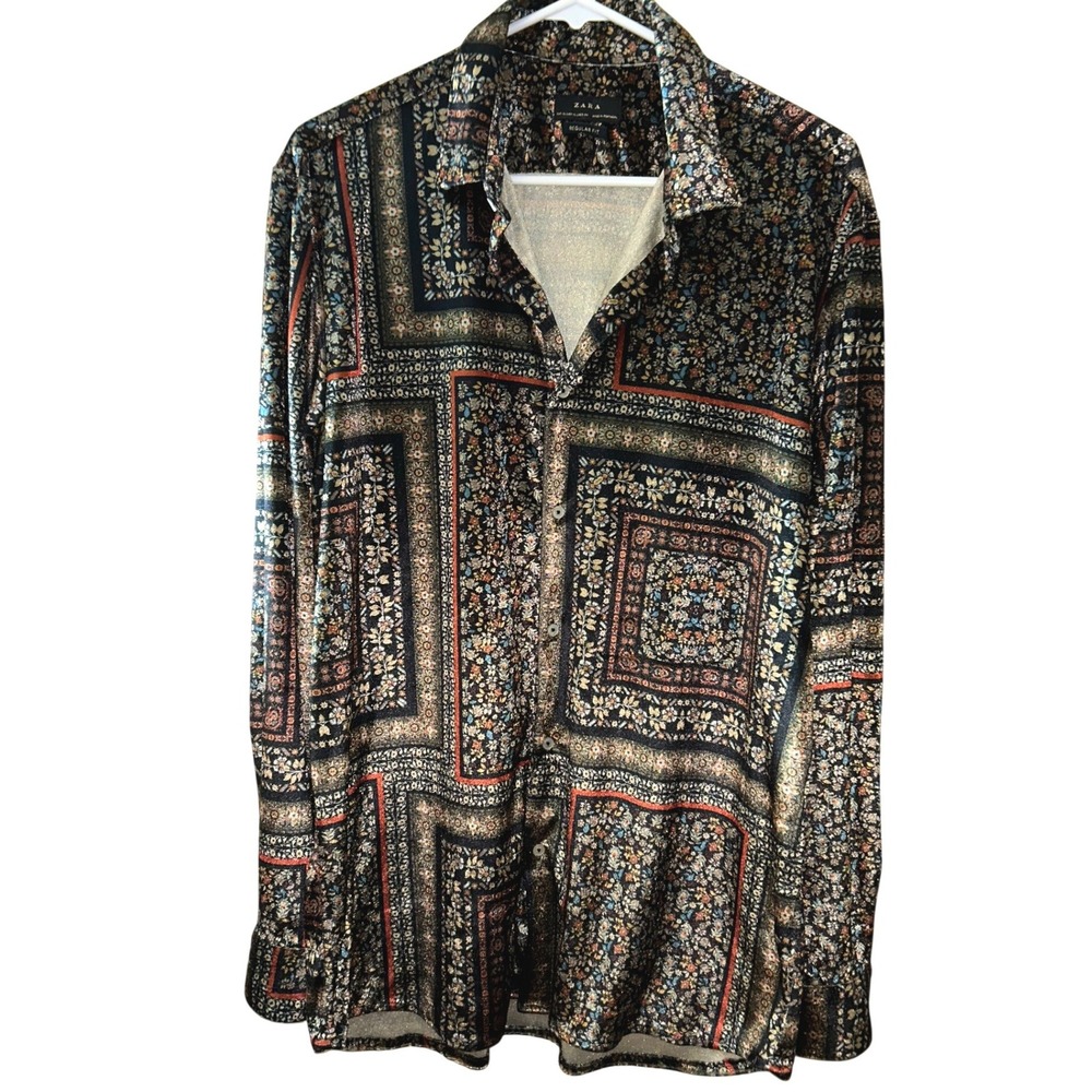 Zara Man Floral Tapestry Velvet Print Shirt XL Regular Fit Long Sleeve Boho